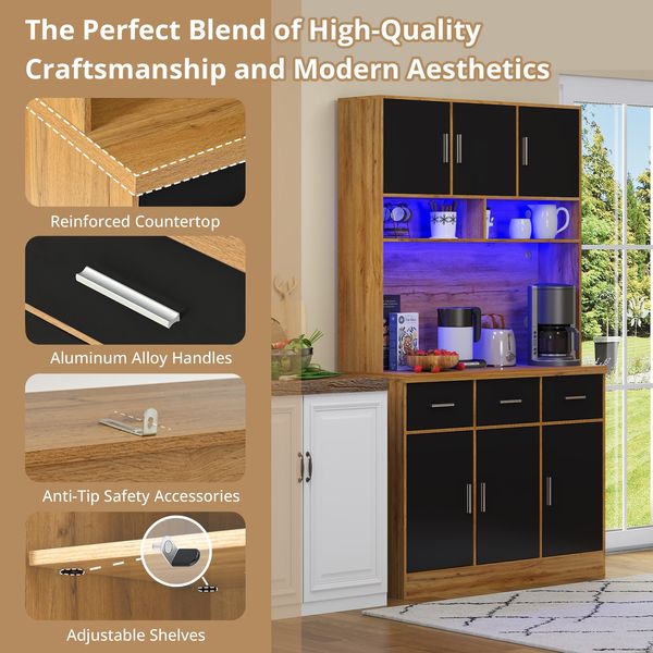 Buffetschrank 100 x 40 x 180 cm aus MDF, Natur/Schwarz, mit LED (App) & Steckdosenleiste