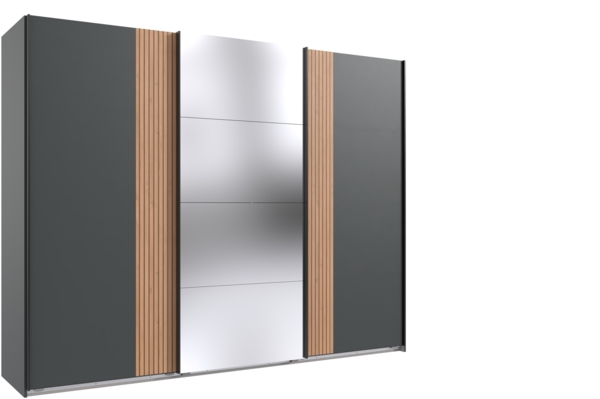 Schwebetürenschrank >Malaga< Spiegel / Graphit & Akustiklamelle Artisan Eiche - 270x208x64cm BxHxT