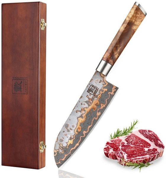 ZAYIKO Santokumesser MysticMagma Santoku Küchenmesser17,5cm Kupfer-Bronze-Damastklinge, Damaststahl, Kupfer-Bronze-Einlage