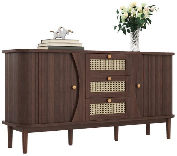 autolock Sideboard Sideboard Rattan kommode Breite 140 cm (Schiebetüren, verstellbaren Einlegeböden und abgerundeter Platte), Esszimmer Anrichte Küchenschrank Wohnzimmerschrank