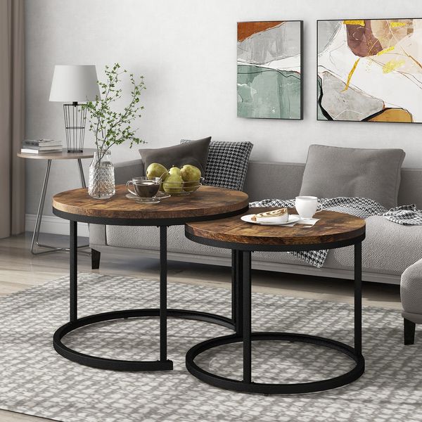2er Set Runder Couchtisch Holzoptik Braun, Nesting Beistelltisch Wohnzimmer
