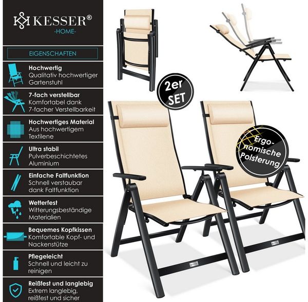 KESSER® Gartenstuhl Hochlehner mit Armlehnen | Aluminium Klappstuhl inkl. Kopfkissen Campingstuhl 7-Fach Verstellbar Rückenlehne | Atmungsaktiv & Wetterfest | Klappbar & Anti-Rutsch Beige, 2 Stück Bild 2