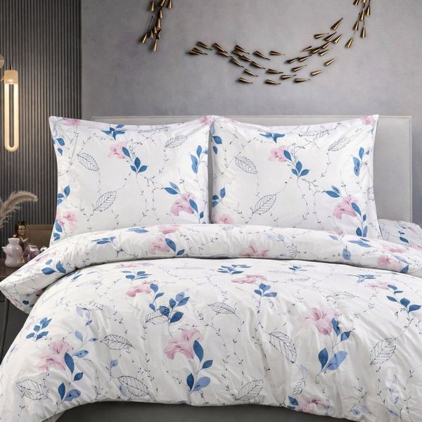 ZIRVEHOME Bettwäsche Baumwolle Bettwäsche-Set Weiß Bettbezug rosa-blauem Floralmuster, Renforce, 3 teilig, Baumwolle Bettbezug Weiß mit Blumenmuster Rosa Blau