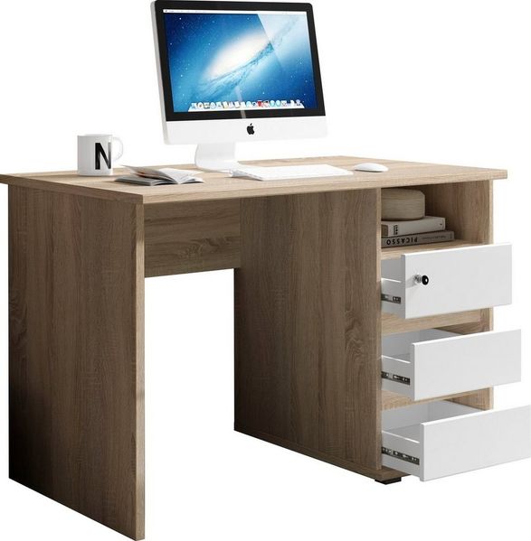PRIMUS 1 Schreibtisch mit Schubladen, Sonoma Eiche Optik / Weiß - Bürotisch Computertisch fürs Homeoffice mit Stauraum und offenem Ablagefach - 110 x 75 x 65 cm (B/H/T)