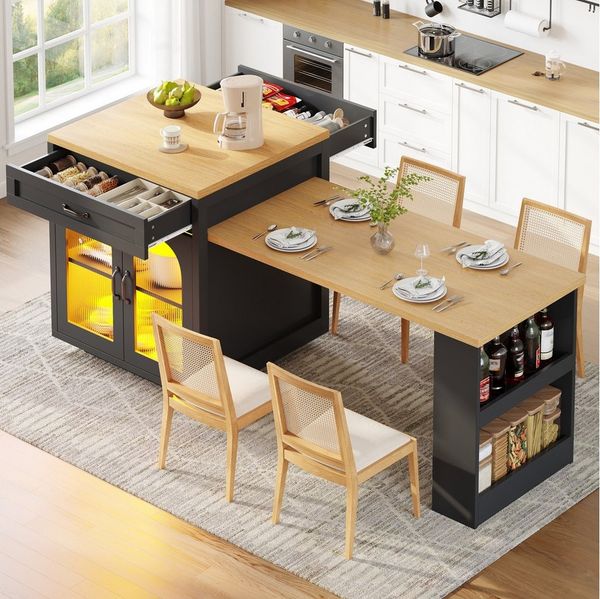 i@home Kücheninsel Ausziehbare Kücheninsel mit LED-Beleuchtung, (Moderner Küchenschrank mit 2 Schubladen), MDF-Küchenarbeitsplatte für Essbereich, Verstellbare Einlegeböden