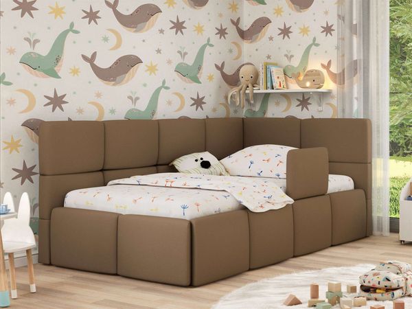 Jugendbett, Kinderbett mit Kopfteil ARVO ALTA 90x200 cm, Polsterbett mit Stauraum, hoher Schlafkomfort - Braun Kunstleder - Rechts - VIRE LUX