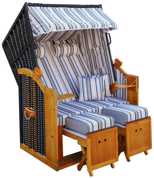 BRAST® Strandkorb Rügen Deluxe | für 2 Personen | 120cm breit | 5 Designs | inkl. wetterfeste Abdeckhaube | verstellbare Rückenlehne weiches Fußkissen | Grau/Blau/Olive - gestreift