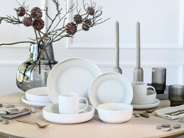 OTTO home Kombiservice modernes Geschirr-Set, Service Lykk (10-tlg), 2 Personen, Steinzeug, hohe Haltbarkeit, spülmaschinen- & mikrowellengeeignet, Reaktivglasur
