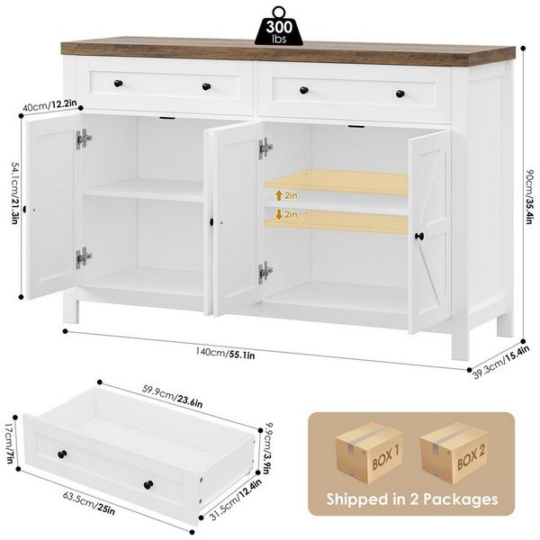 HOMECHO Buffet Küchenschrank mit Arbeitsplatte, 2 Schubladen und 4 Türen
