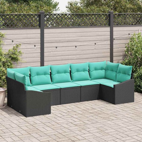 vidaXL Sofa Set mit Kissen 7 pcs Schwarz Poly Rattan 3346876