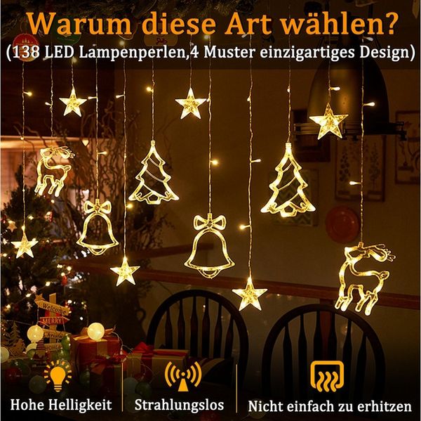 FIVMEN LED-Lichterkette außen und innen 3m Elch Weihnachtsbaum GlockenDeko, 8 Modi mit Stecker, Halloween Weihnachten Hochzeit Party, Stern Form