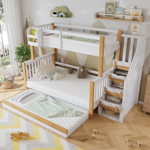 Etagenbett mit Rollbett, Stauraumtreppe und Seitengittern, 120x200 cm, Weiß/Natur, ohne Matratze