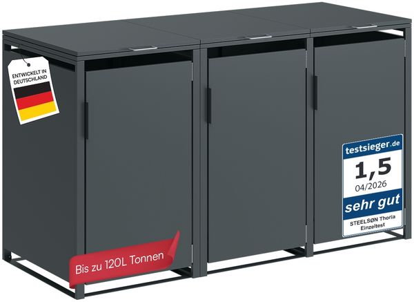 STEELSØN 'Thoria' Mülltonnenbox 3er je 120 Liter, anthrazit, Mülltonnenverkleidung aus Stahl, wetterfest, 102x62x177,5 cm, Müllbox für 3 Tonnen