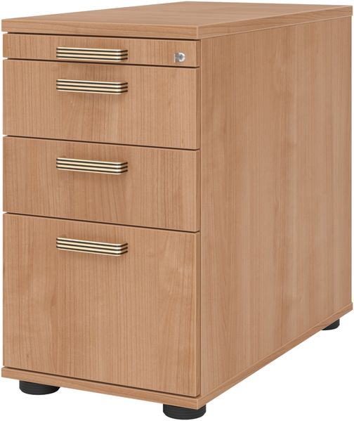 bümö Schreibtisch Schrank Büro mit Hängeregister für Hängeordner, Schubladenschrank Holz in Nussbaum, Container mit Schubladen & Hängeregistratur - Schreibtisch Kommode mit Streifengriffe, SC40-N-N-SG