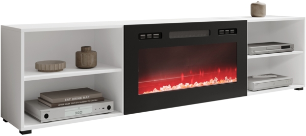 TV-Lowboard Polo 200 mit Kamin (Farbe: Weiß / Weiß + Schwarz Hochglanz)