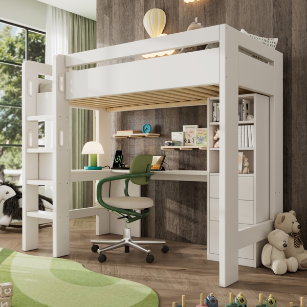 Merax Kinderbett Hochbett 90×200cm, mit L-förmigem Schreibtisch, Regalen und Schubladen mit USB/Type-C Ladebereich, Weiß