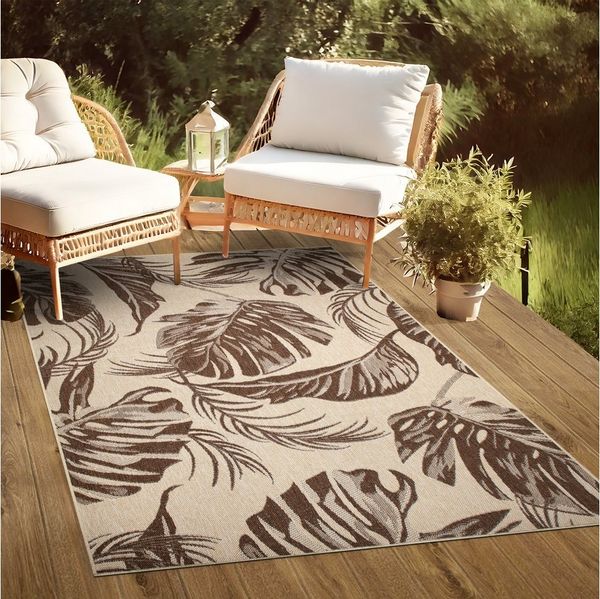 oKu-Tex Outdoorteppich PLUTUS In- & Outdoor Teppich, Flachgewebe, Sisaloptik, rechteckig, Höhe: 3 mm, florales Design Monstera, UV-Resistent, Terrasse, Küche, Beige-Braun