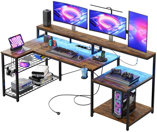 Bestier Gamingtisch 181 x 80 cm Computertisch, L-förmiger Schreibtisch (Gaming Tisch mit 3 AC-Steckdosen und 2 USB-Ladeanschlüssen, Tablett mit Ständer), Extra großer Computertisch mit großzügiger Monitorablage
