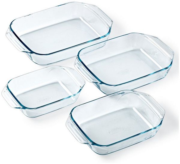 PYREX Auflaufform Let's Share Auflaufformen-Set, rechteckig, 1,4–4 l, Borosilikatglas, (4-St), hitzebeständig, mikrowellengeeignet, BPA-frei