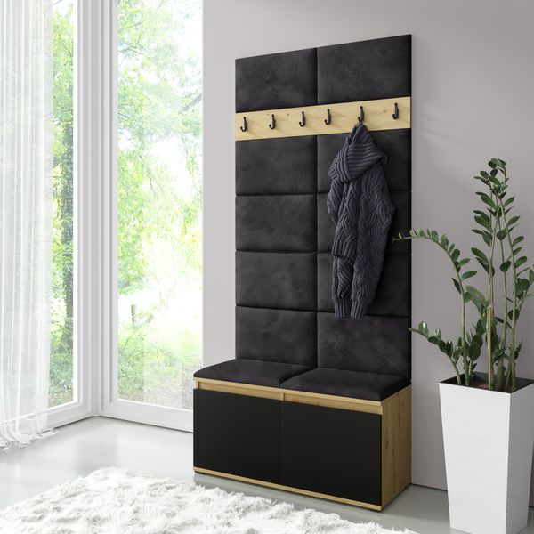 Garderoben-Set Luka mit Schuhregal und Polsterplatten, Ideal für Flur und Eingangsbereich (Artisan/Schwarz, Trinity 16), 215 x 40 x 100 cm