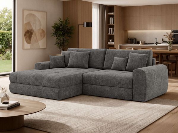 Sofa L-Form ARELIA L mit Schlaffunktion, Wohnzimmer Sofa, Wellenfederung, Sofa mit DL-System - Schenille grob gewebt Dunkelgrau - Rechts