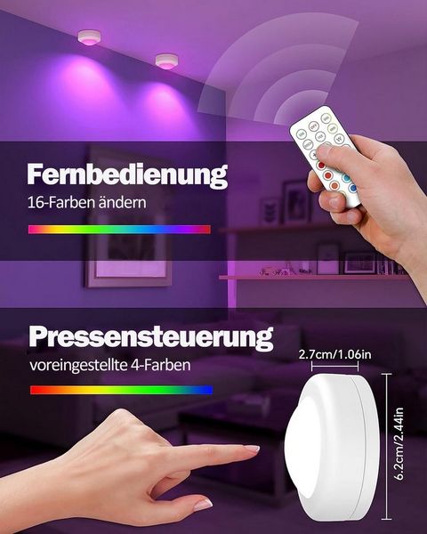 Luckice Unterschrankleuchte 3 Stück Batteriebetrieben LED RGB Spots mit Fernbedienung, RGB mit 13 Farbmodi, 13 Farbwechsel Kabellos Vitrinenbeleuchtung, Dimmbar Unterbauleuchte Küche LED Lampe zum Kleben Schranklicht, Nachtlicht mit Fernbedienung und T...