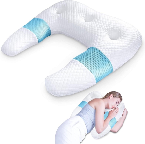 U-förmiges Memory Foam Nackenkissen mit Ohr-Haltebereichen Blau 60,8 x 65 x 12