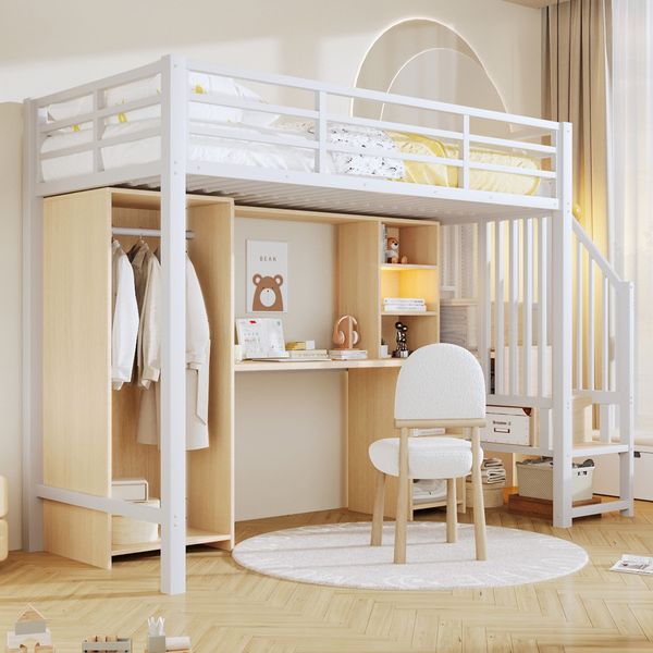 Hochbett mit Schreibtisch, Bücherregal, Kleiderschrank und Rausfallschutz, 90x200cm, Treppe mit Regal, Kinderbett, Metallbett