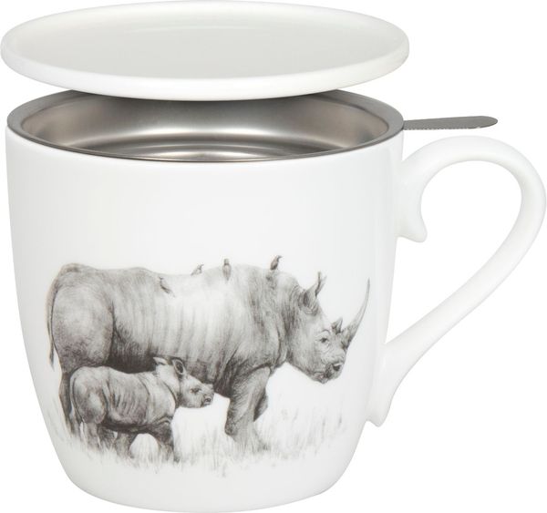 KÖNITZ 115S572955 Becher AMAZING ANIMALS Nashörner 425 ml mit Sieb und Deckel, Bone China Porzellan / Design Vanessa Kahl