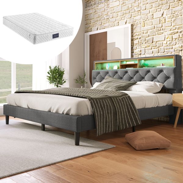 Polsterbett 140x200 cm mit Stauraum-Kopfteil und LED-Beleuchtung – modernes Design und hoher Komfort