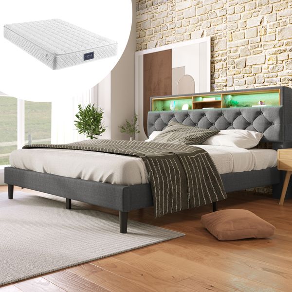 Polsterbett 140x200 cm mit Stauraum-Kopfteil und LED-Beleuchtung – modernes Design und hoher Komfort