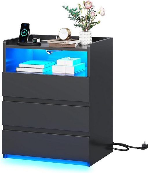 MSMASK Nachttisch mit 3 Schubladen, Steckdosenleiste und LED-Beleuchtung (1-St), Nachtschrank, Beistelltisch, 40x35x60cm