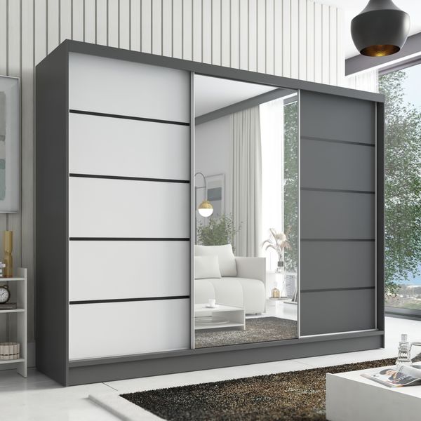 Schwebetürenschrank ARIVA 2 3-türig Schrank 200 cm (mit Spiegel) Farbe: Graphit , Weiß