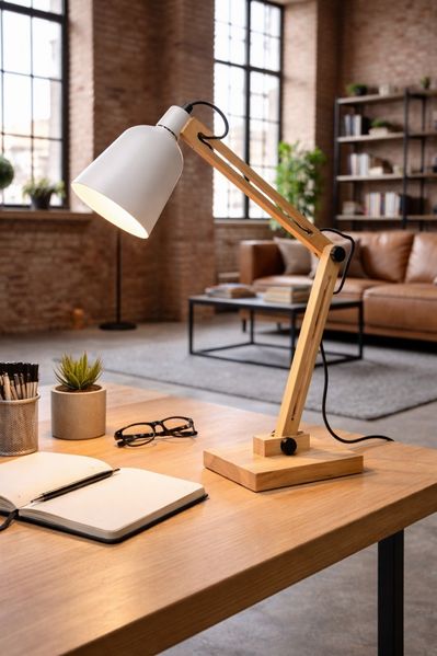 EDGAR Moderne Tischlampe mit Holzdesign und flexiblem Arm weiß ED024