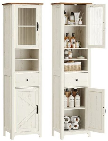 VASAGLE Badezimmerschrank im Landhausstil, Badschrank schmal, Badmöbel, weiß-braun