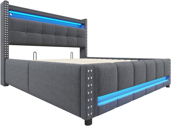 Polsterbett 160*200cm mit LED-Beleuchtung und USB-Steckdose, Kopfteil mit Einlegeböden und Stauraum, Mit Hydraulik für die Lagerung, Erwachsenenbett Doppelt, Leinenstoff Grau Bild 7