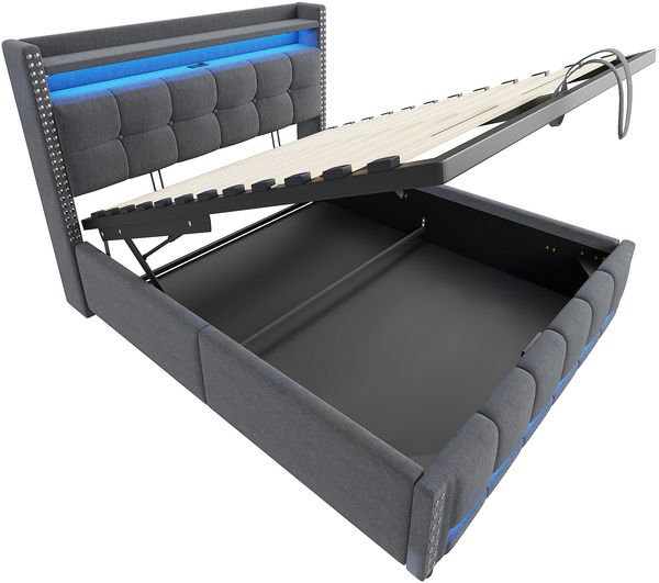 Polsterbett 160*200cm mit LED-Beleuchtung und USB-Steckdose, Kopfteil mit Einlegeböden und Stauraum, Mit Hydraulik für die Lagerung, Erwachsenenbett Doppelt, Leinenstoff Grau Bild 9