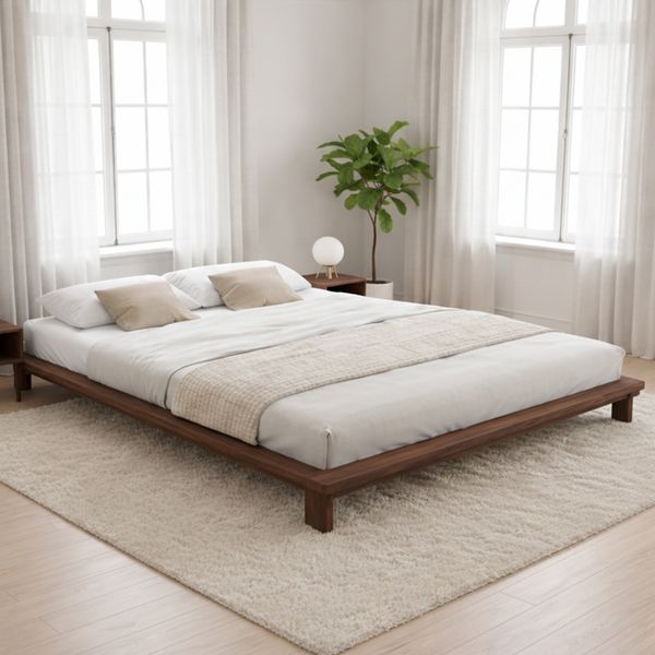 skølm 'Skald' Futonbett 180x200 cm, Bettgestell aus Eiche Massivholz, Walnuss Optik, Massivholzbett 25 cm hoch, geeignet als Doppelbett