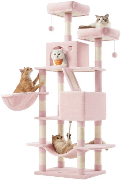 FEANDREA Kratzbaum, Katzenbaum, mit Hängematte, Plüschbällen, rosa