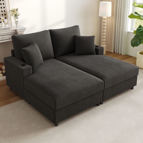 Merax Doppelschlafsofa mit Schlaffunktion, gepolsterter Liegefunktion, Handyhalterung, USB-Anschluss und Getränkehalter, Grau