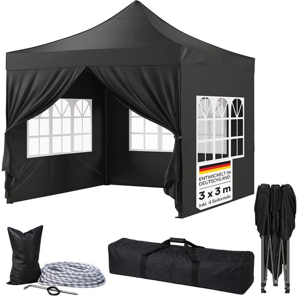 STEELSØN 'Rynara' Premium Pavillon 3x3 m, schwarz, wasserdicht, stabil und UV-beständig, Faltpavillon 3-fach höhenverstellbar, Gartenpavillon mit 4 Seitenteilen, Pop Up Pavillon inkl. Tragetasche