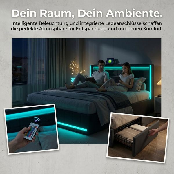 PXloue Polsterbett LED-Bett mit Stauraum und Ladeanschluss (Geeignet für Jugendliche und Erwachsene), Fernbedienung für LED-Farben und sicheres Leinenmaterial.