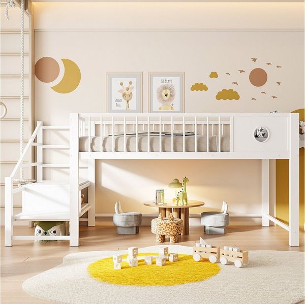 Flieks Kinderbett, Niedriges Hochbett Metallbett 90×200cm mit Aufbewahrungstreppe