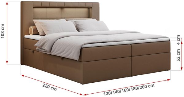 Boxspringbett - Polsterbett mit LED Kopfteil - GOLD-5 - 120x200cm - Braun Kunstleder - H3 Bild 5
