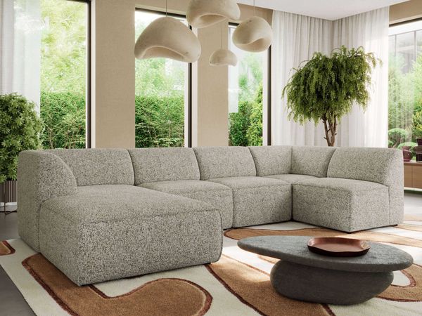 Modulares XXL-Ecksofa MODARO 5M, U-Form, Wohnlandschaft, 5-teilig, freistehend, Wohnzimmer Couch, HR-Schaumstoff - Beige Stukture - Links