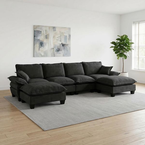 Sofa aus Chenille 334x155x90 cm mit Ottomanen-Modul, schwarz