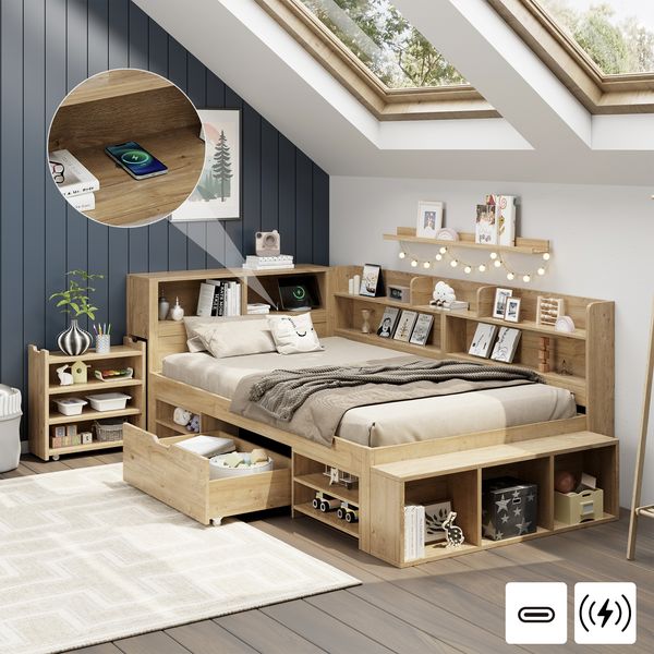 Kinderbett, Stauraumbett, 90 x 200 cm, Einzelbett, multifunktionales Kinderbett mit Nachtkästen, Regalen und Stauschränken, mit kabelloser Aufladung, ohne Matratze, Natur