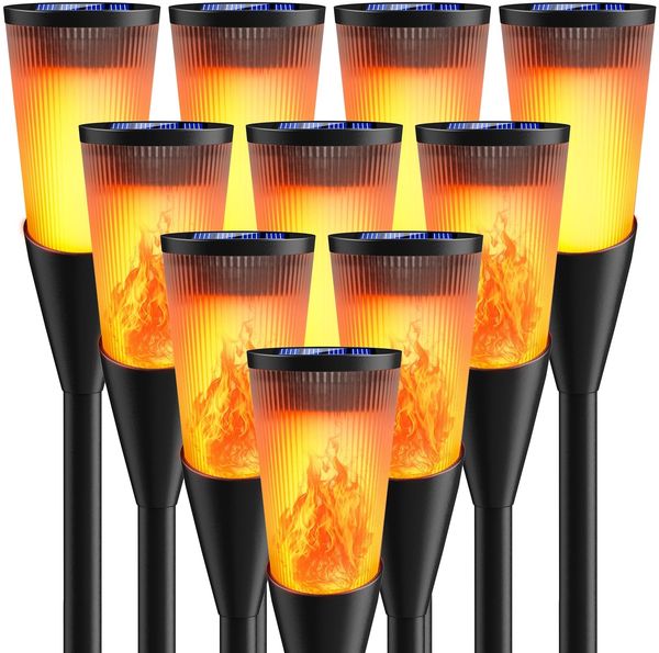 Solarlampen für Außen Gartenfackeln,10Stück 2Modi Solarleuchten für Draußen,IP65 Winterfest Fackeln Lampe Gartenleuchten,Solar Bodenleuchten Aussen mit Realistischen Flammen Auto EIN/Aus für Weg,Rasen