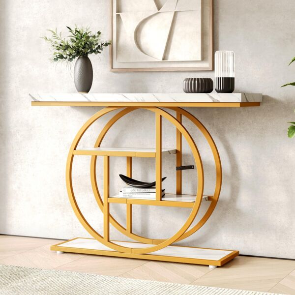 LITTLE TREE Konsolentisch, 4-stufiger Beistelltisch für den Eingangsbereich hinter dem Sofa, 105 cm moderner Sofatisch für Wohnzimmer, Flurtisch für Eingangsbereich, Weiß und Gold