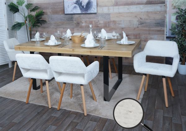 6er-Set Esszimmerstuhl HWC-A50 II, Küchenstuhl Polsterstuhl, Holz Stoff/Textil Chenille (465g/m²) FSC® ~ creme